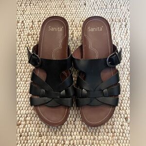 Sanita Danish Black Leather Slides Sandals Size 41 US Size 8.5 Comfort